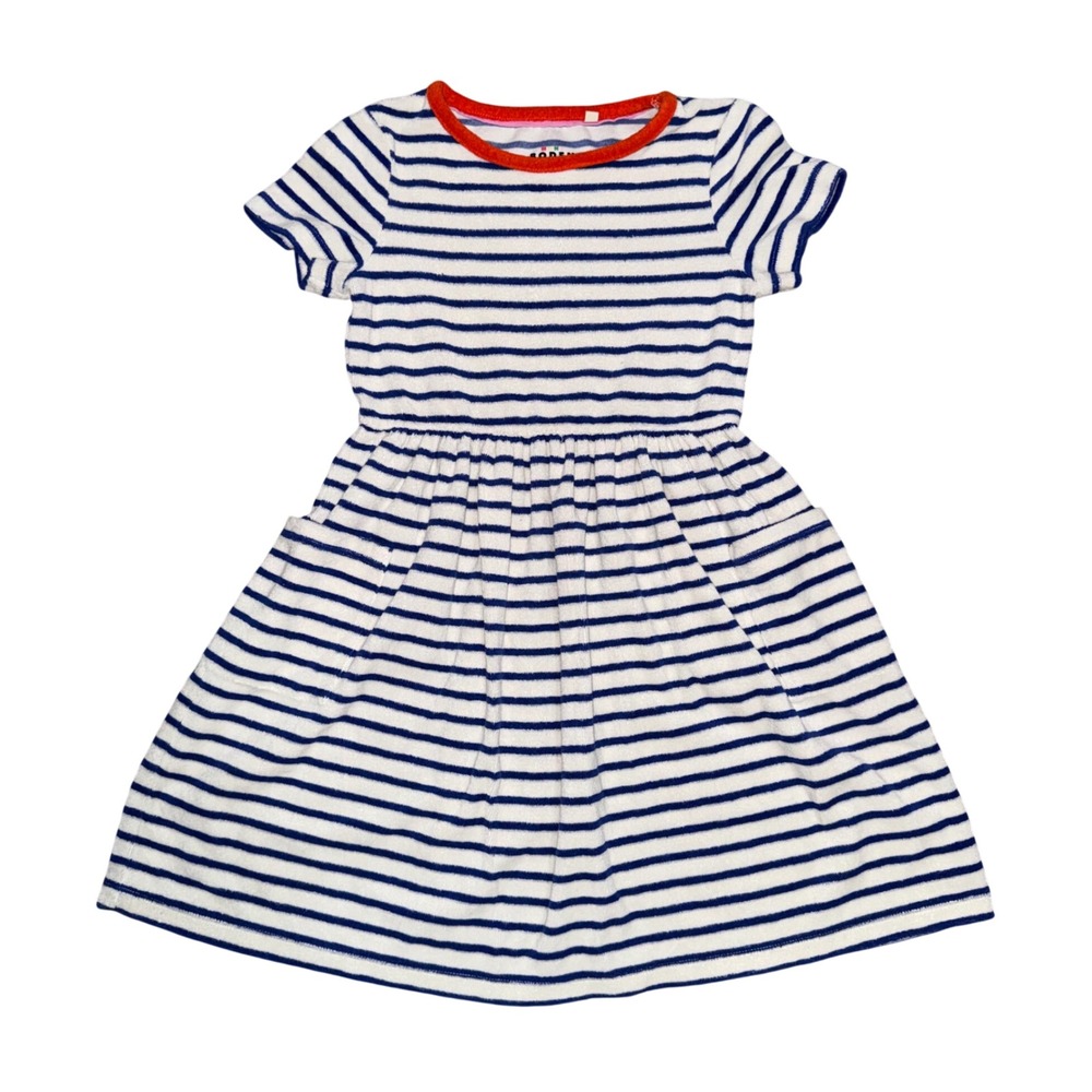 Mini Boden Striped Terry Dress Kids 8-9Y Blue White Excellent Ringer Pocket
